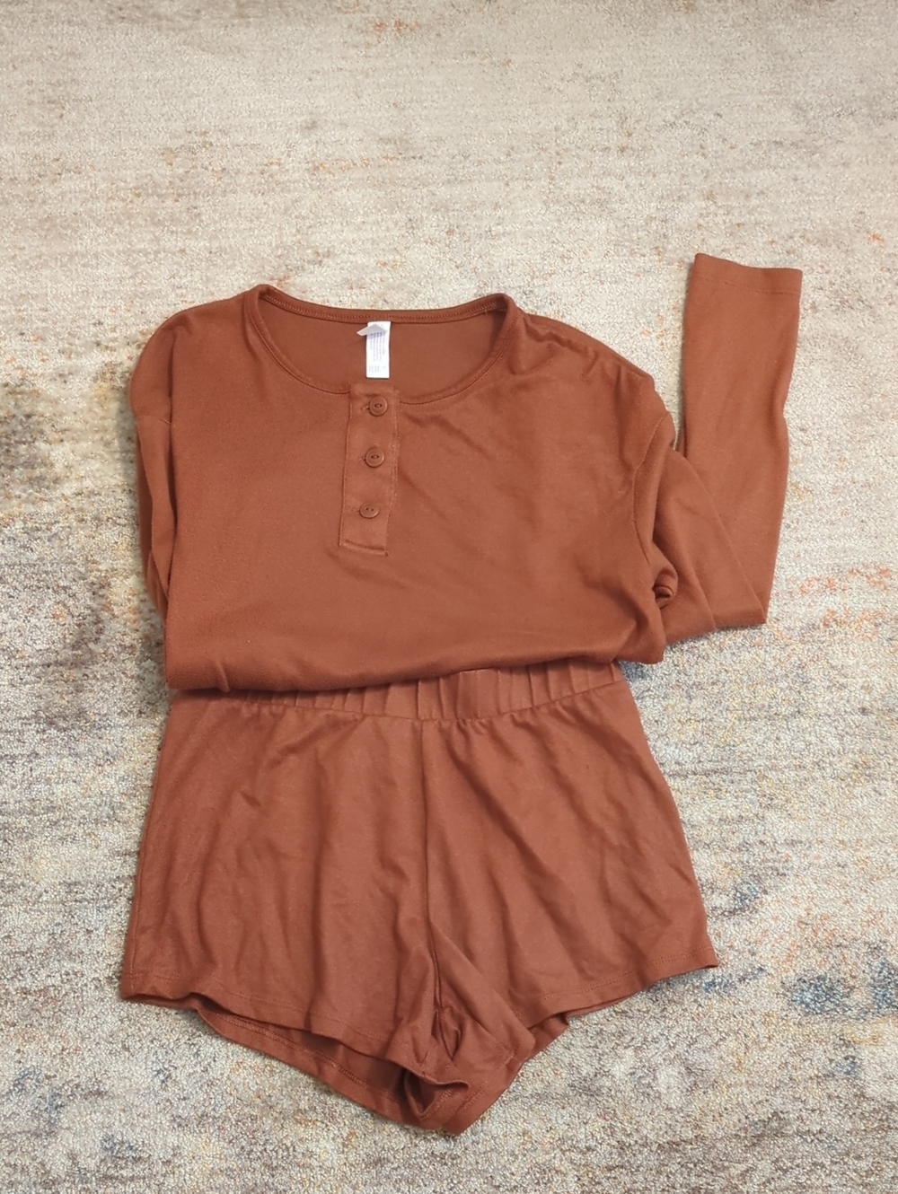 stars above Brown Long-Sleeve Henley Pajama Set with Shorts